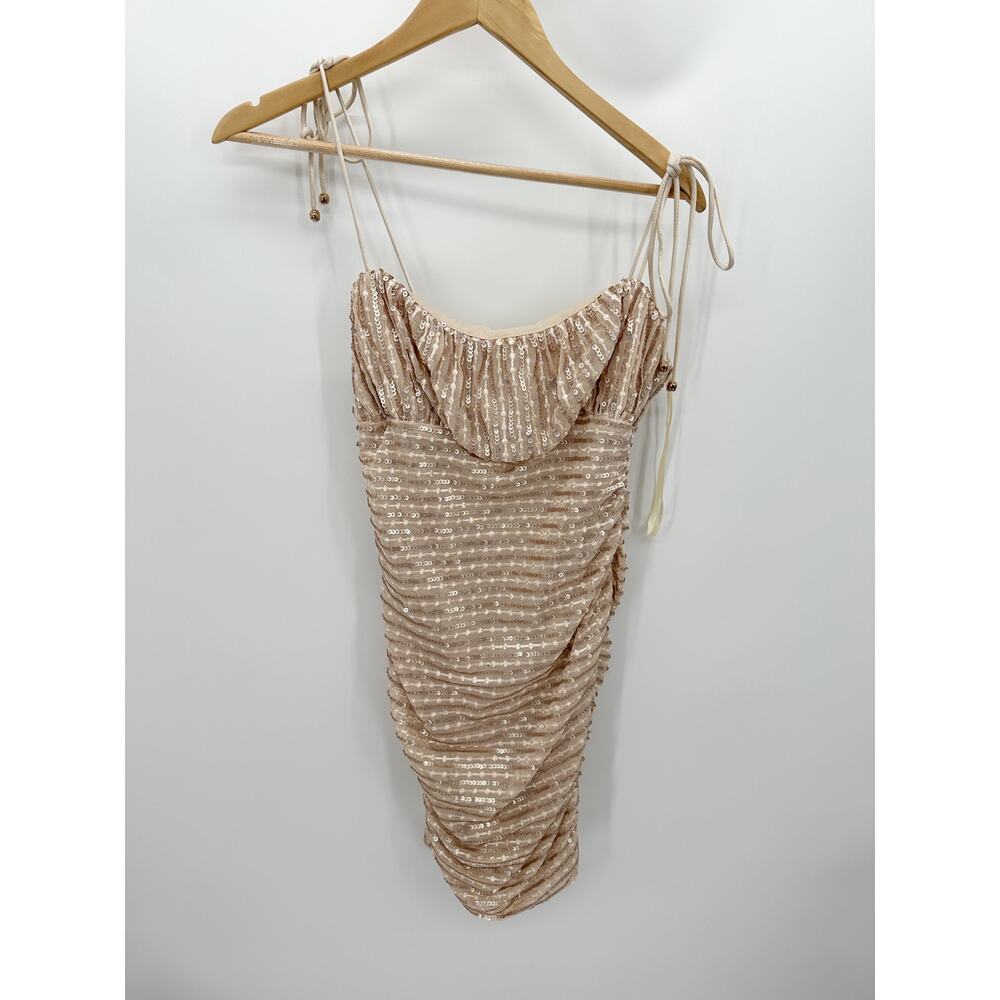 Angel Biba Womens Bodycon Mini Dress Size L Champagne Sequin Cocktail Gala Party